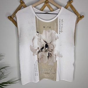 Zara White Tan Floral Sleevless Blouse Medium